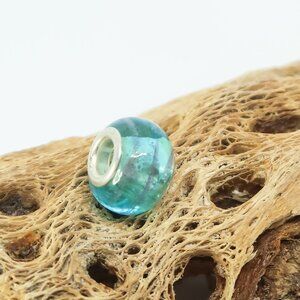 Teal with Stripes European Glass Charm Bead with Silver Core Center